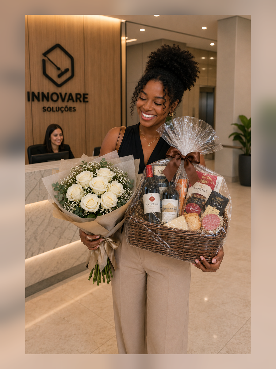 Cliente recebendo flores e cesta no trabalho